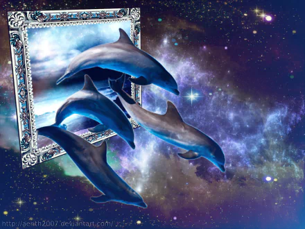 HD desktop wallpaper featuring a fantasy scene of Bottlenose Dolphins leaping out of an ornate picture frame into a cosmic background filled with stars and nebulae.