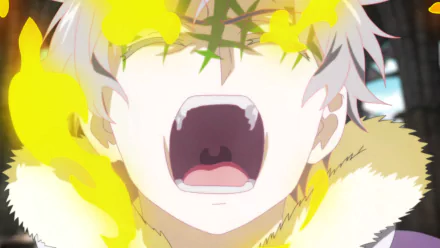 Close-up HD anime wallpaper of Honoka Takamiya from Witch Craft Works, showing him shouting with intense emotion and surrounded by glowing yellow magical energy.