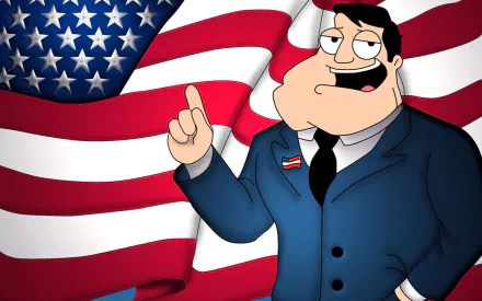 HD PC desktop wallpaper of Stan Smith (American Dad!) in a suit pointing in front of a waving American flag.