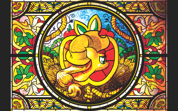 Stained-glass style HD PC desktop wallpaper background of Applejack (My Little Pony: Friendship Is Magic TV show), circular medallion portrait with apples, wheat and bright colors.