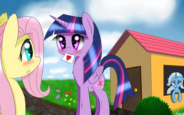 HD desktop wallpaper of My Little Pony: Friendship Is Magic — Twilight Sparkle holding a heart note, Fluttershy nearby, Rainbow Dash and Trixie visible around a colorful barn scene.