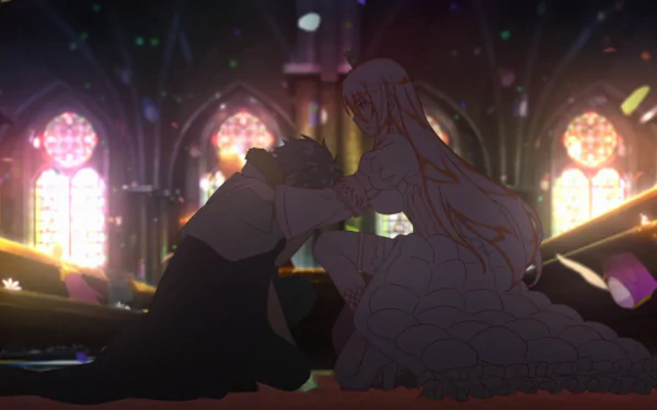 HD PC wallpaper featuring Honoka Takamiya and Ayaka Kagari from the anime Witch Craft Works, set in a luminous, stained-glass cathedral interior.