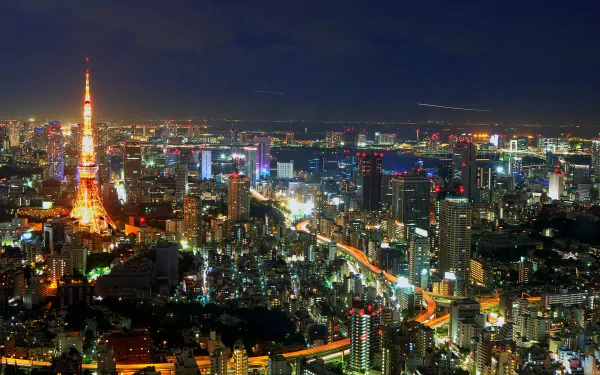 Nighttime cityscape of Tokyo, featuring the illuminated Tokyo Tower among skyscrapers and buildings, showcasing Japan's vibrant urban environment.