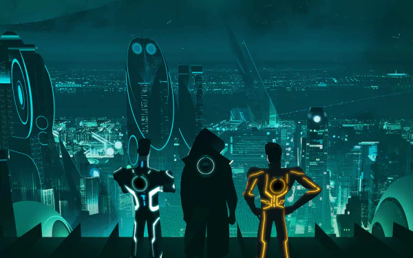 TV show Tron: Uprising HD PC desktop wallpaper: three glowing, circuit-clad figures stand on a rooftop, overlooking a neon cybercity skyline.
