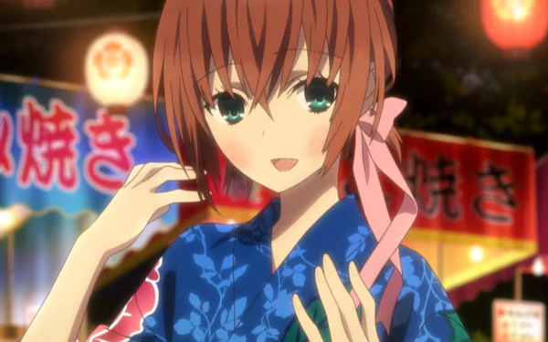 HD PC desktop wallpaper featuring an anime character from Tokyo Ravens in a blue yukata, set against a vibrant festival backdrop with glowing lanterns.