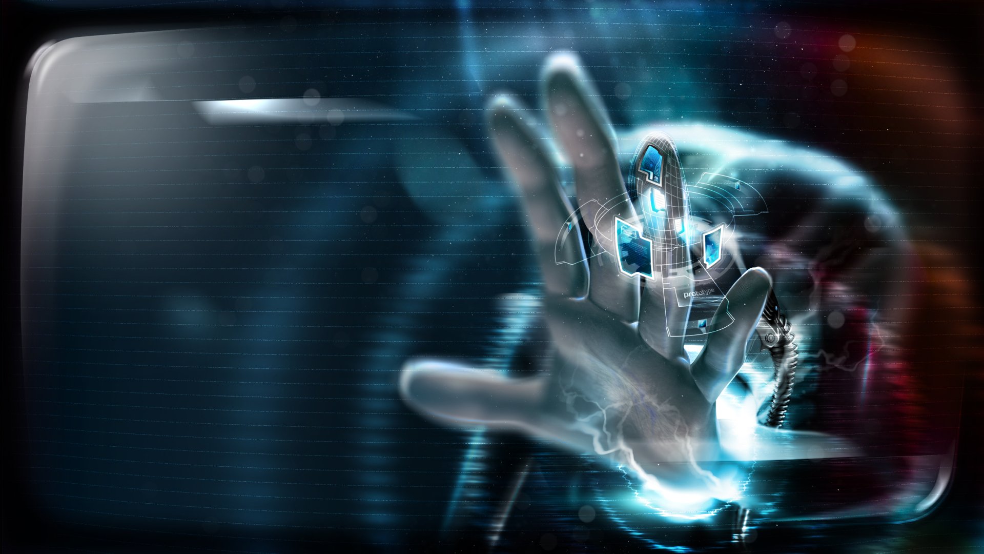 Artistic HD PC desktop wallpaper featuring a translucent hand with digital and glowing effects against a dark, futuristic background.