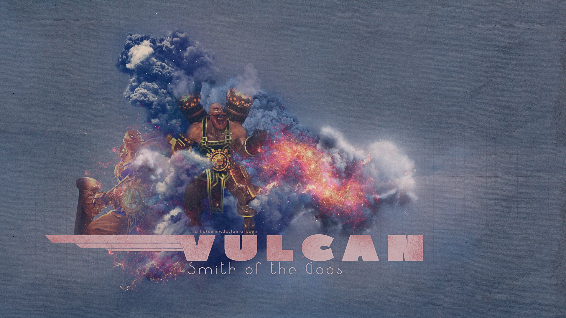 HD PC desktop wallpaper featuring Vulcan, the god of fire and smithing, from the video game Smite, surrounded by flames and smoke effects.