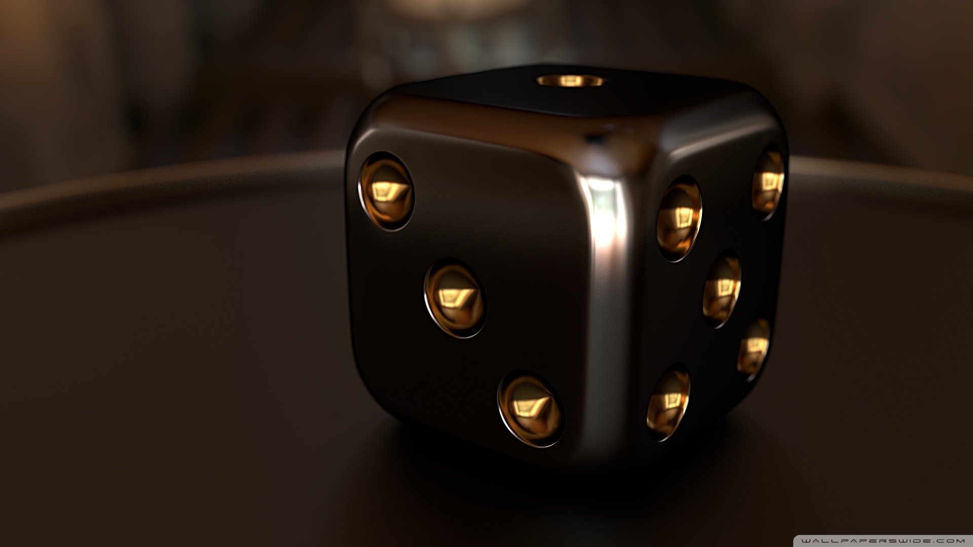 HD PC desktop wallpaper featuring a man-made, sleek black dice with glowing golden dots on a dark reflective surface.