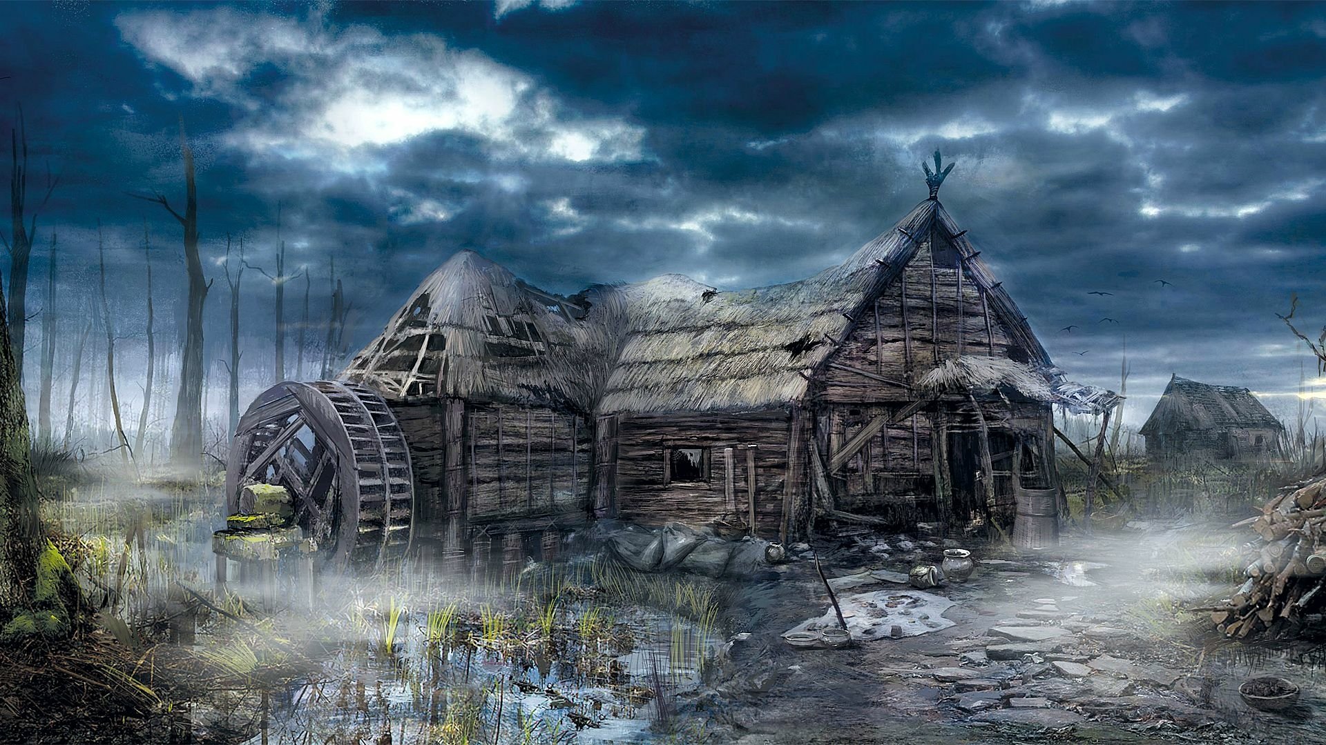 A haunting scene from The Witcher 3: Wild Hunt, depicting a weathered wooden hut beside a waterwheel, set against a dramatic, cloudy sky and eerie mist. HD PC desktop wallpaper.