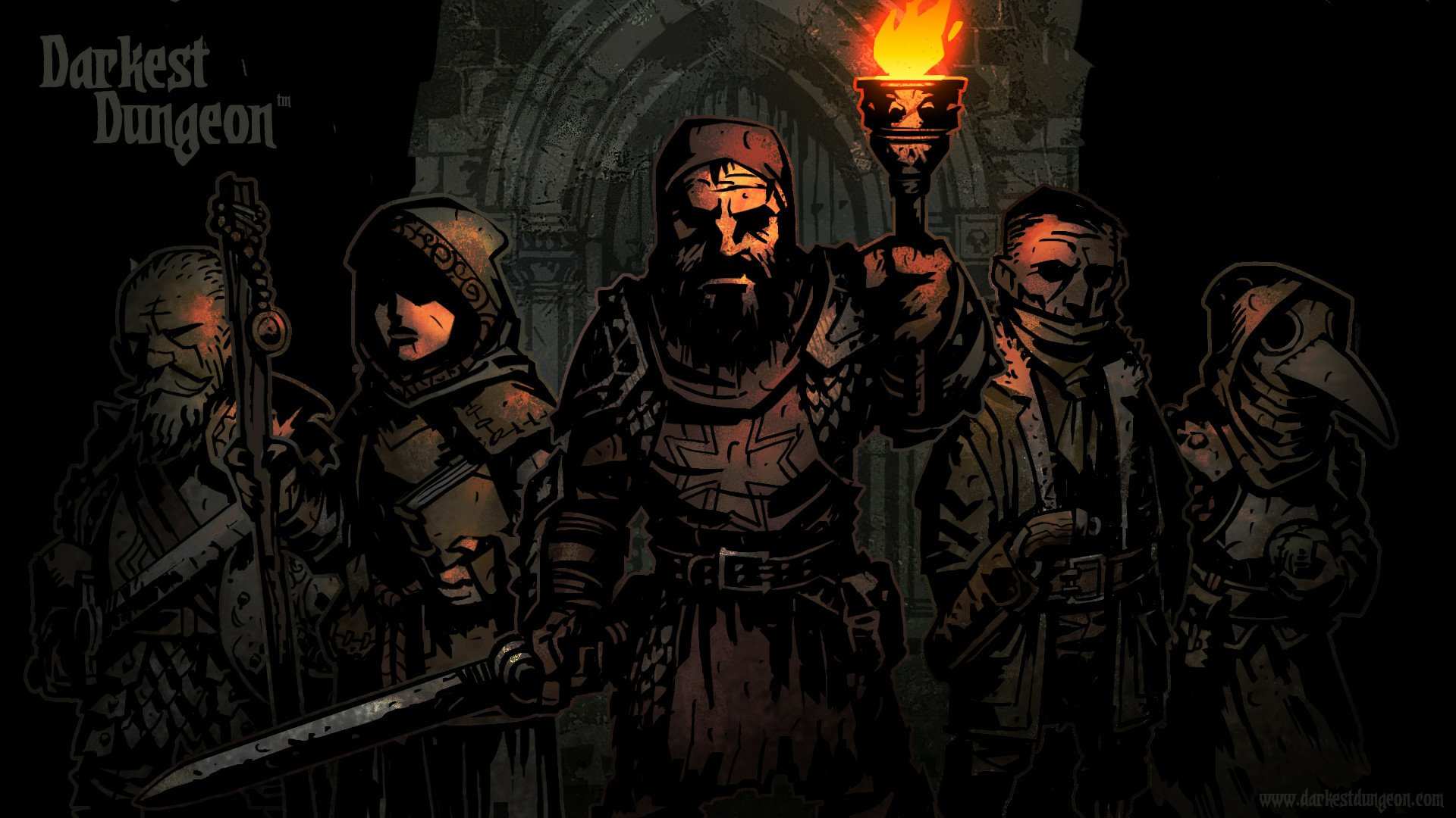 HD desktop wallpaper from the video game Darkest Dungeon, featuring five dark, armored characters standing in a shadowy dungeon, one holding a torch.