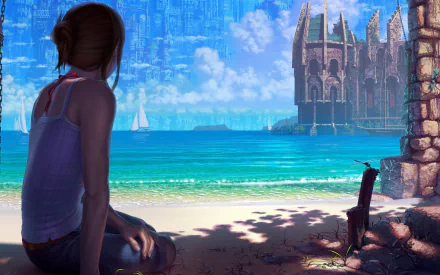 HD wallpaper featuring an anime girl sitting on a beach, gazing at the sea with boats and a grand building in the background.