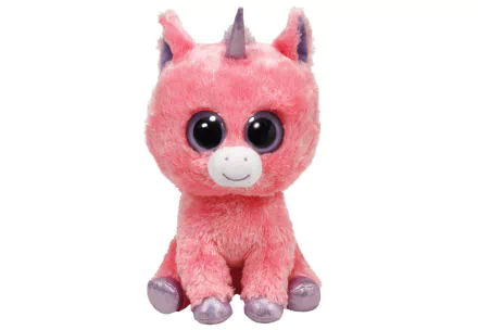 A pink, plush Beanie Boo unicorn with large black eyes, designed as a man-made HD PC desktop wallpaper and background.