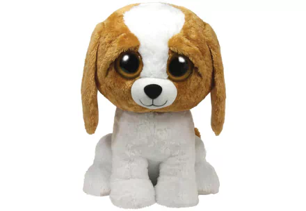 HD desktop wallpaper featuring a man-made Beanie Boos plush dog with large eyes and floppy ears on a white background.