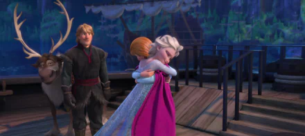 HD PC desktop wallpaper featuring Kristoff, Sven, Anna, and Elsa from the Frozen movie sharing a warm moment on a wooden dock at night.