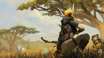 Fantasy archer crouches in a grassy field under a large tree, with a lion observing in the distance, captured in a vivid HD PC desktop wallpaper.