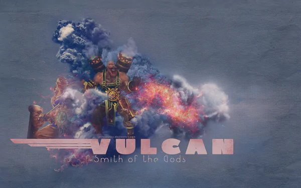 HD PC desktop wallpaper featuring Vulcan, the god of fire and smithing, from the video game Smite, surrounded by flames and smoke effects.