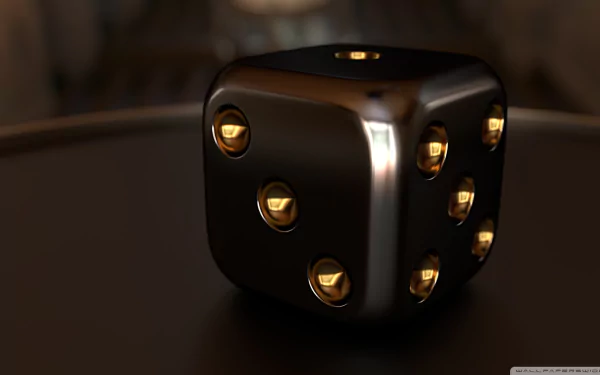 HD PC desktop wallpaper featuring a man-made, sleek black dice with glowing golden dots on a dark reflective surface.