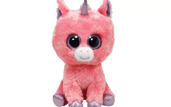 A pink, plush Beanie Boo unicorn with large black eyes, designed as a man-made HD PC desktop wallpaper and background.