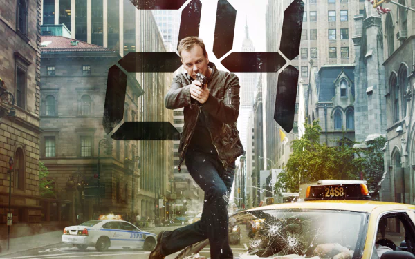HD PC desktop wallpaper/background for the TV show 24: a man in a leather jacket aims a pistol on a damaged city street beneath a large digital 24 overlay.