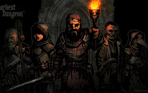 HD desktop wallpaper from the video game Darkest Dungeon, featuring five dark, armored characters standing in a shadowy dungeon, one holding a torch.