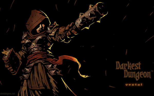 HD PC desktop wallpaper featuring a dark, armored character aiming a weapon, set in the eerie, gothic style of the video game Darkest Dungeon: Versatil.