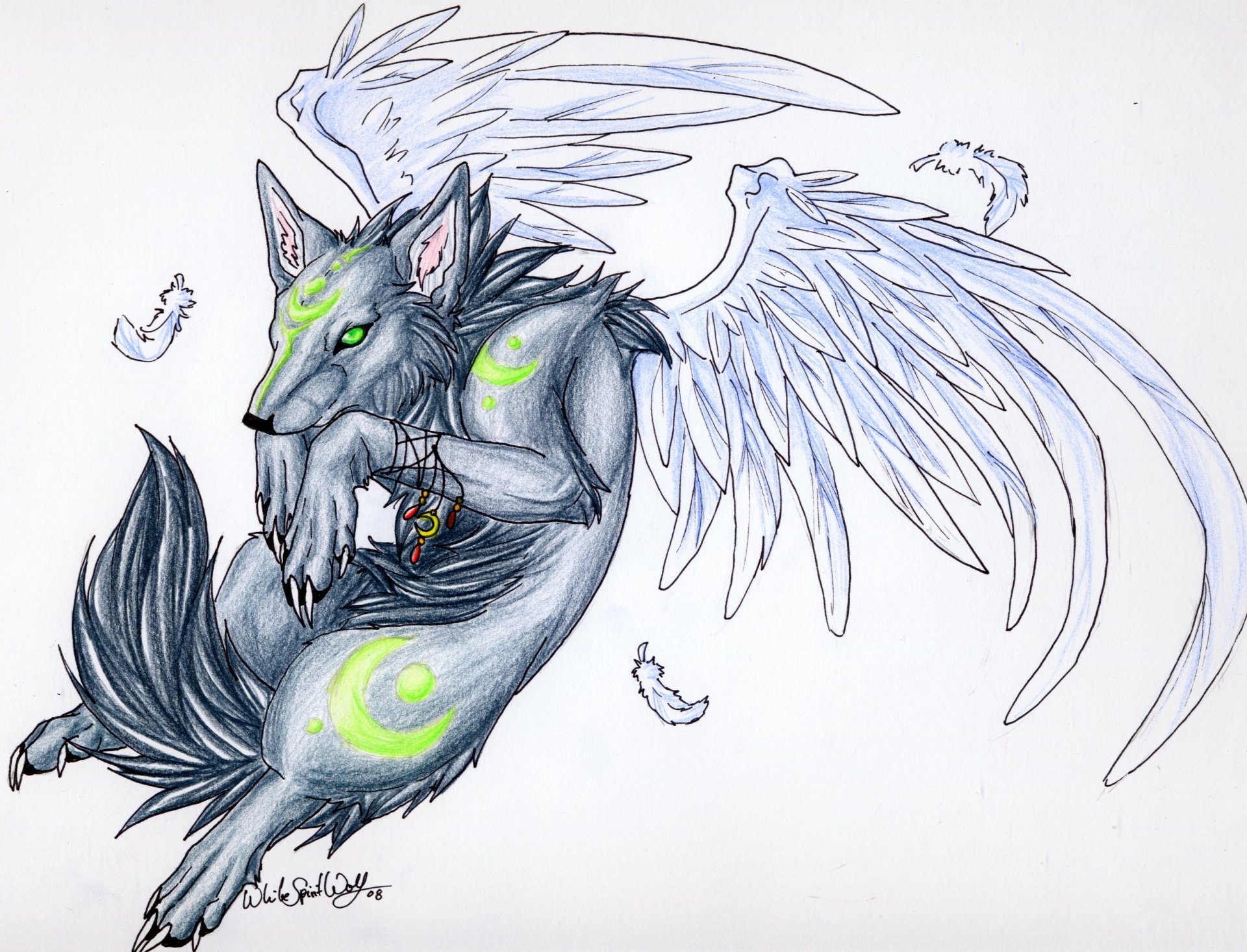 2K Quad HD PC wallpaper of a winged wolf inspired by the video game Ōkami: pale fur, glowing green spiral markings, large white wings and drifting feathers, curled midair clutching a small charm.