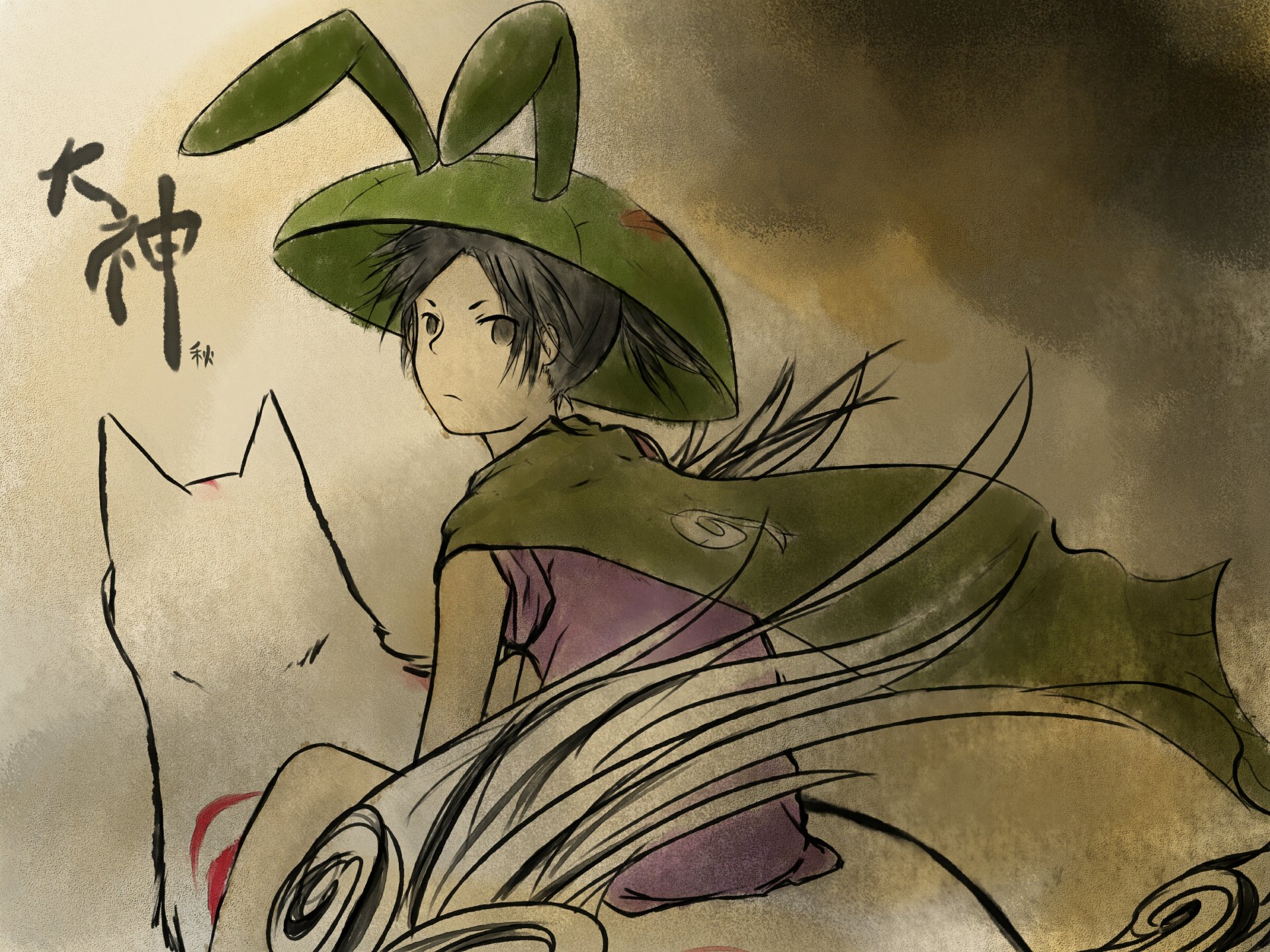 HD PC desktop wallpaper featuring artwork from the video game Ōkami, showcasing a character with a large green hat and a white wolf with red markings.