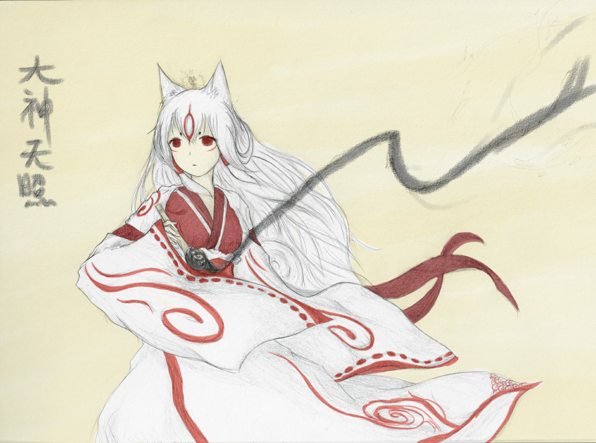 HD PC desktop wallpaper featuring the white-haired wolf goddess Amaterasu from the video game Ōkami, depicted in traditional Japanese art style with flowing robes.