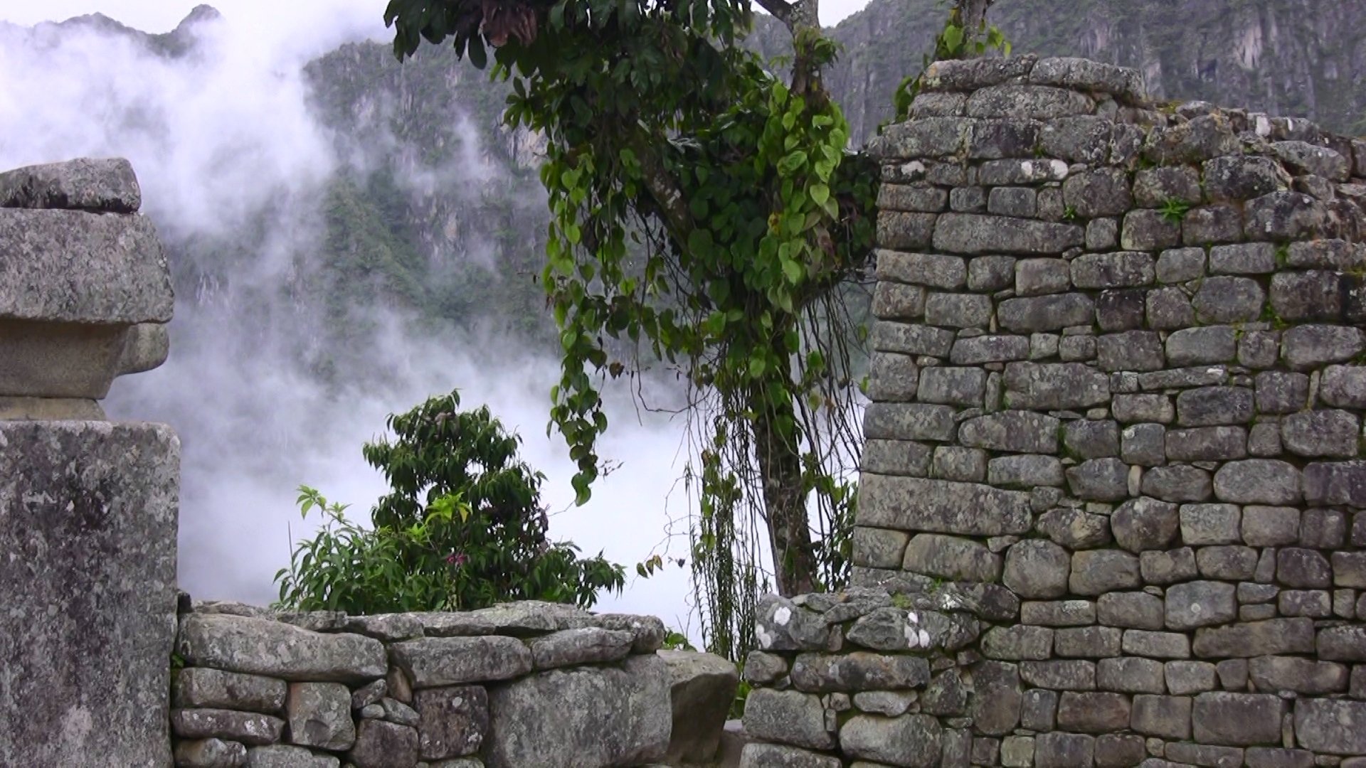 HD desktop wallpaper showcasing the man-made stone structures of Machu Picchu surrounded by mist and lush greenery.