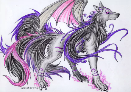 HD PC desktop wallpaper featuring a stylized, mythical wolf with purple and pink accents inspired by the video game Ōkami.