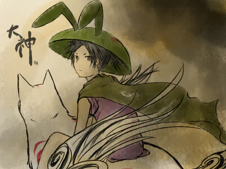 HD PC desktop wallpaper featuring artwork from the video game Ōkami, showcasing a character with a large green hat and a white wolf with red markings.