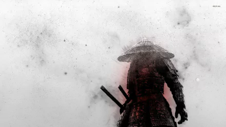 HD desktop wallpaper featuring a fantasy warrior dressed as a samurai, standing in a misty and atmospheric scene. The figure's silhouette is accentuated by a red hue in the background.
