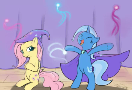 HD PC desktop wallpaper of the TV show My Little Pony: Friendship Is Magic — Trixie casting a spell beside Fluttershy on a purple stage with glowing magic swirls.