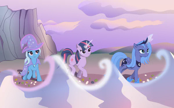 Twilight Sparkle, Princess Luna, and Trixie from My Little Pony: Friendship Is Magic stand on misty cliffs in this vibrant 4K Ultra HD TV show wallpaper.