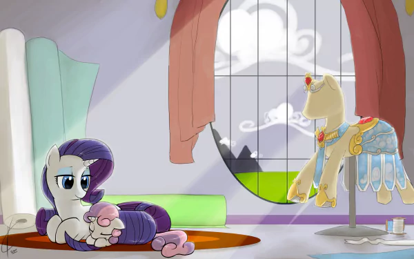 HD desktop wallpaper featuring Sweetie Belle and Rarity from the TV show My Little Pony: Friendship Is Magic in a cozy room with a large window and soft lighting.