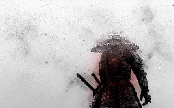 HD desktop wallpaper featuring a fantasy warrior dressed as a samurai, standing in a misty and atmospheric scene. The figure's silhouette is accentuated by a red hue in the background.