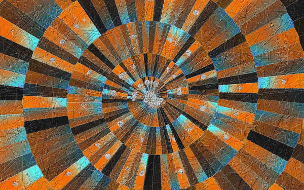 Abstract spiral of cracked orange, teal, and black tiles radiating from center — 2K Quad HD PC desktop wallpaper and background