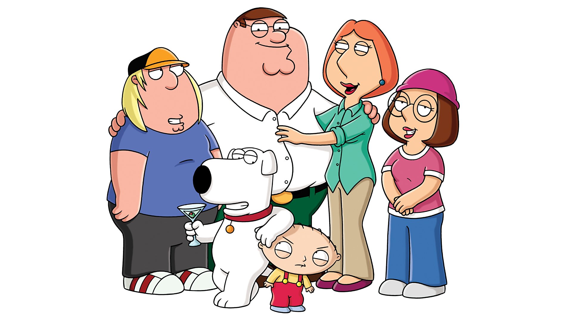 HD PC desktop wallpaper of Family Guy TV show: the Griffin family—Peter, Lois, Meg, Chris, Stewie and Brian—standing together on a white background.