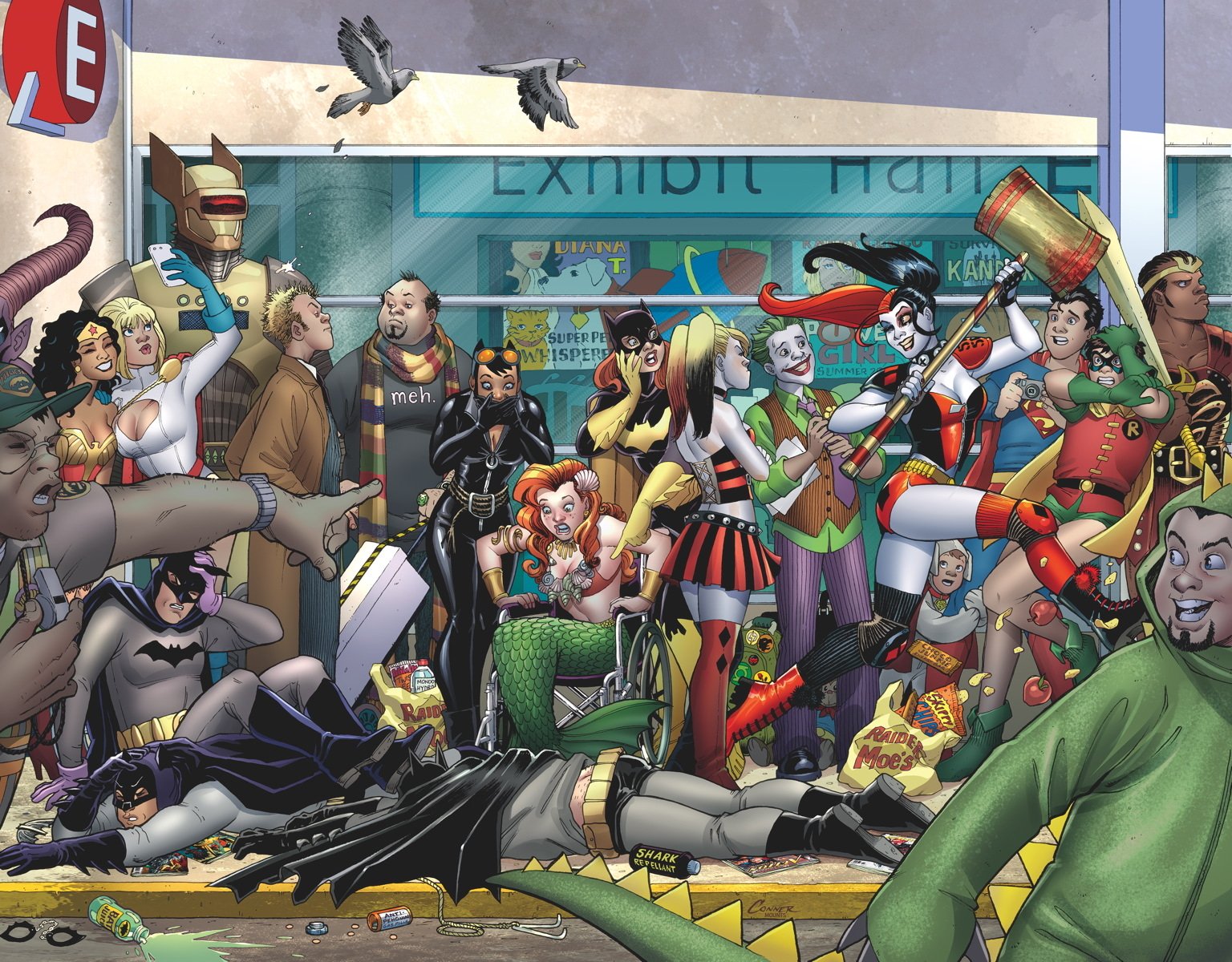 HD PC desktop wallpaper featuring a vibrant comic scene with Harley Quinn and various colorful characters in an animated exhibition hall setting.