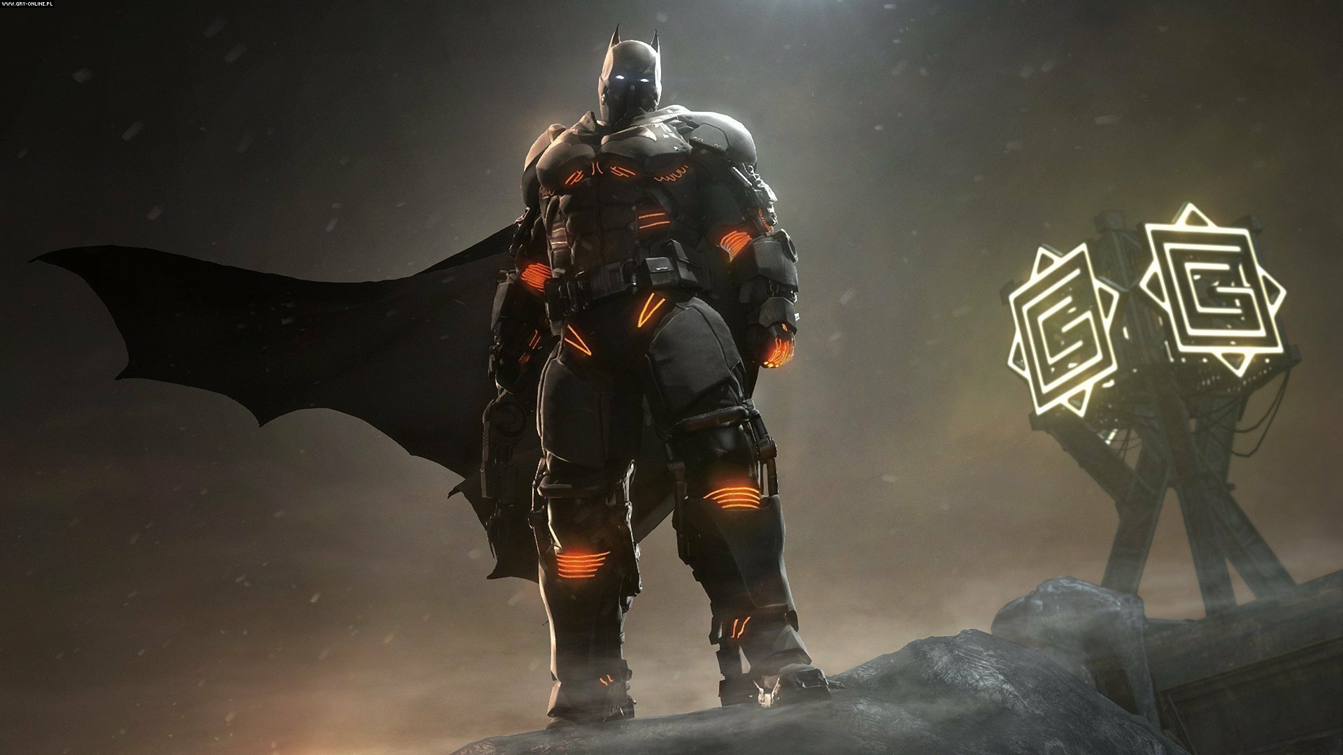 HD PC desktop wallpaper from Batman: Arkham Origins — armored Batman stands on a foggy rooftop, cape billowing, orange armor accents glowing under a stormy sky.