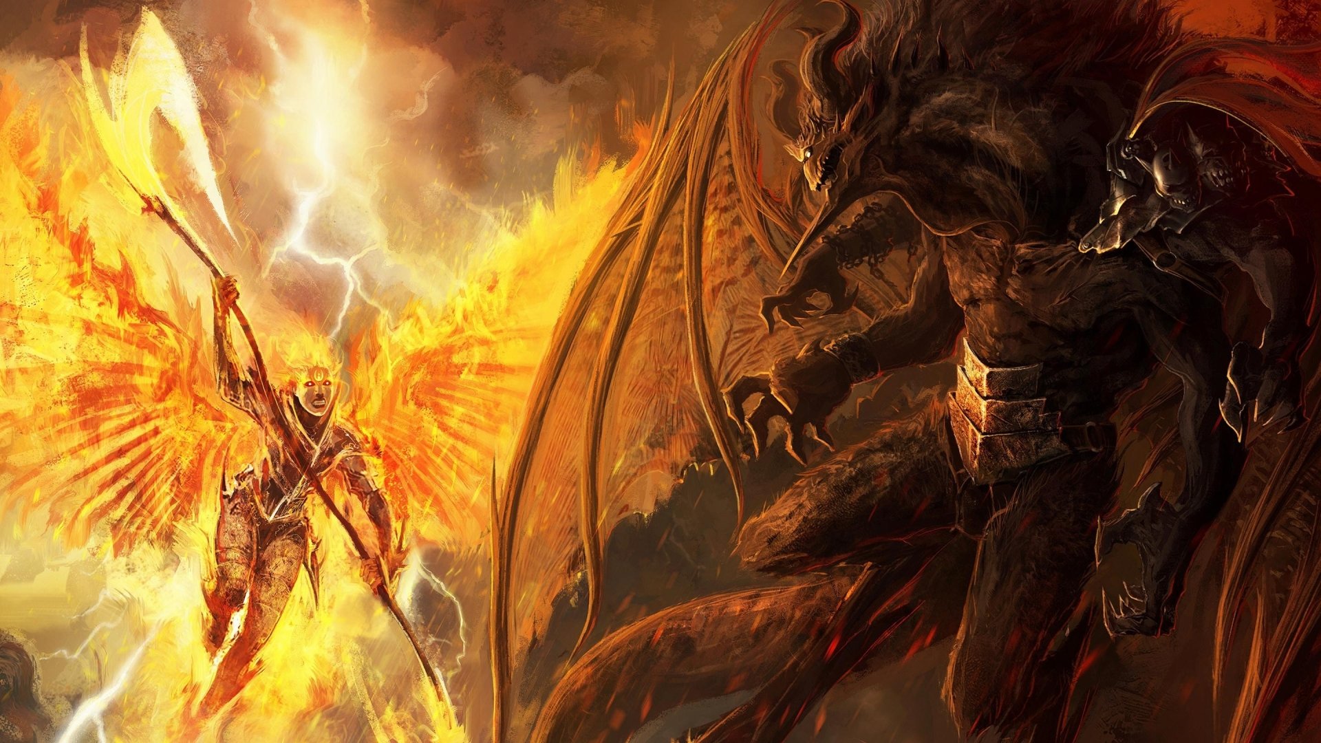 A dynamic fantasy scene featuring a fierce angel warrior wielding a spear against a dark, menacing dragon. This HD wallpaper captures epic battle energy and vivid colors.