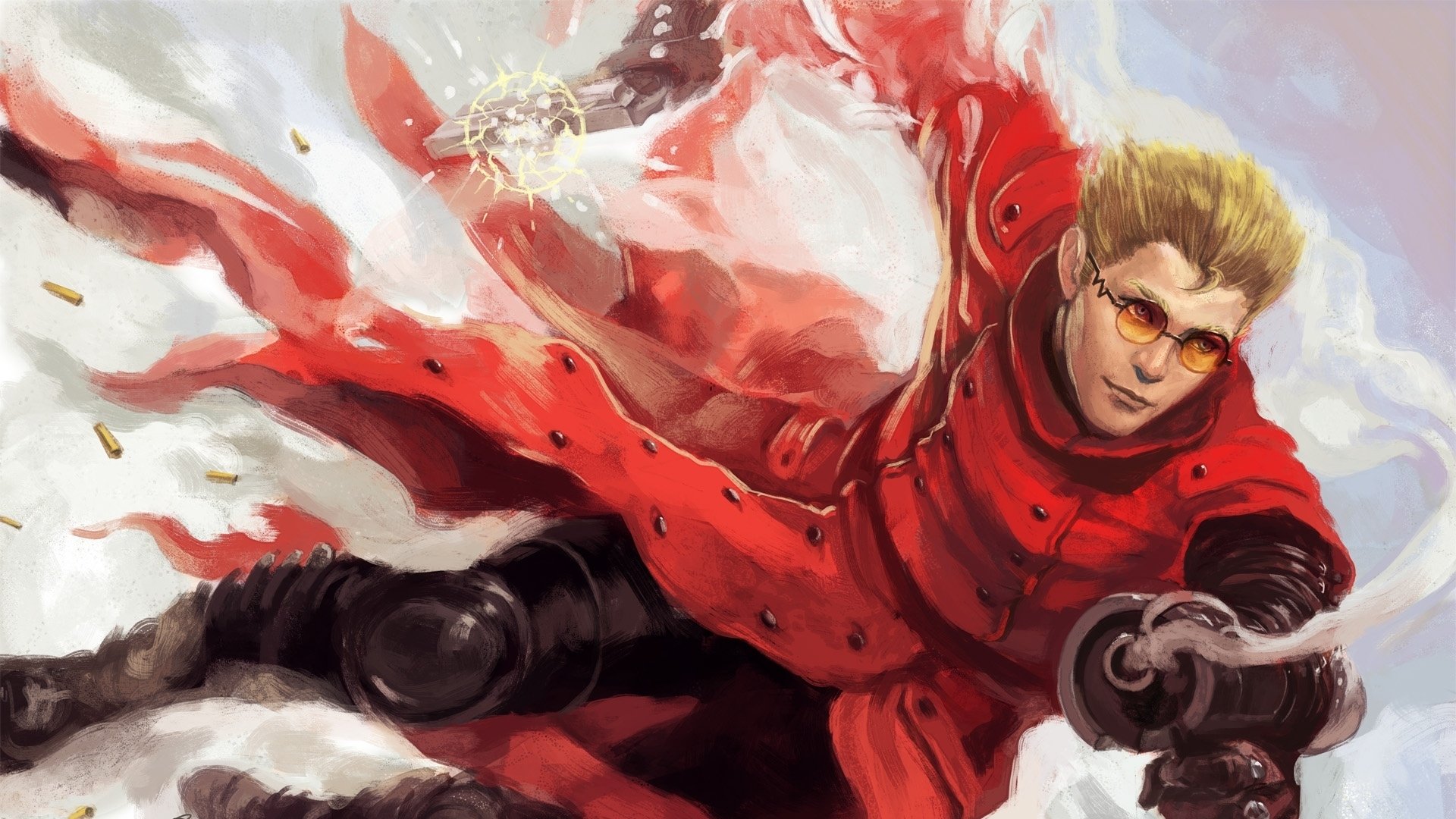 Anime Trigun HD PC desktop wallpaper background: Vash the Stampede in a flowing red coat and sunglasses, leaping through clouds with a gun and scattering brass casings.