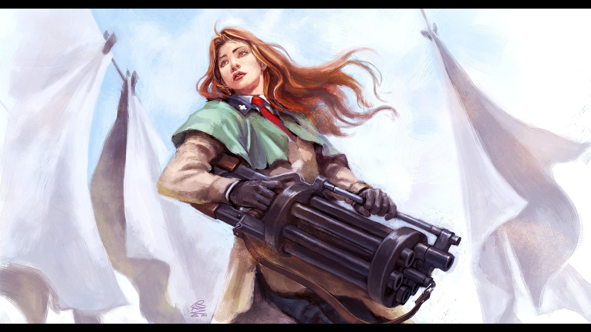 HD anime-style desktop wallpaper featuring a strong character from Trigun wielding a large gun, set against a backdrop of white flags fluttering in the wind.