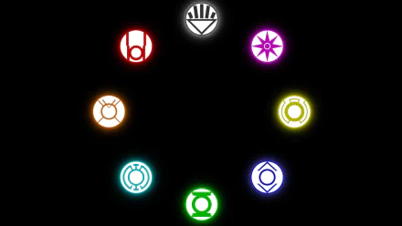 HD PC desktop wallpaper featuring glowing symbols of various Lantern Corps from the comic universe arranged in a circular pattern on a black background.