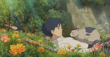 HD PC desktop wallpaper featuring a serene anime scene from The Secret World of Arrietty, with a boy lying in a flower-filled meadow and a cat resting on his chest.