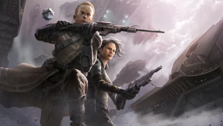 Sci-fi warrior HD PC desktop wallpaper background: two armored soldiers—sniper and sidearm—poised on a misty battlefield with hovering ships and stormy skies.