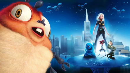 HD PC desktop wallpaper for the Monsters vs. Aliens movie showing B.O.B. up close with Ginormica, Dr. Cockroach and The Missing Link on a city rooftop.
