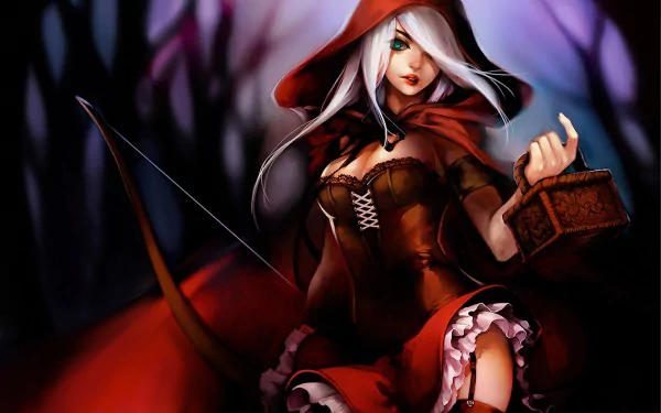 Ashe from League of Legends is depicted in this HD desktop wallpaper, showcasing her striking features in a dramatic forest setting, poised with her bow and arrows.
