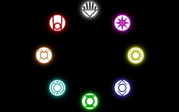 HD PC desktop wallpaper featuring glowing symbols of various Lantern Corps from the comic universe arranged in a circular pattern on a black background.