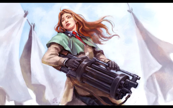 HD anime-style desktop wallpaper featuring a strong character from Trigun wielding a large gun, set against a backdrop of white flags fluttering in the wind.